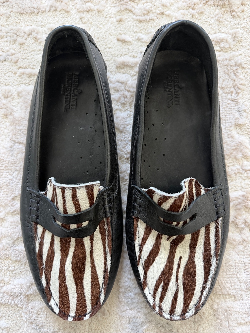 Mercanti Fiorentini Black Leather Moccasins with Brown and White Zebra Haircalf